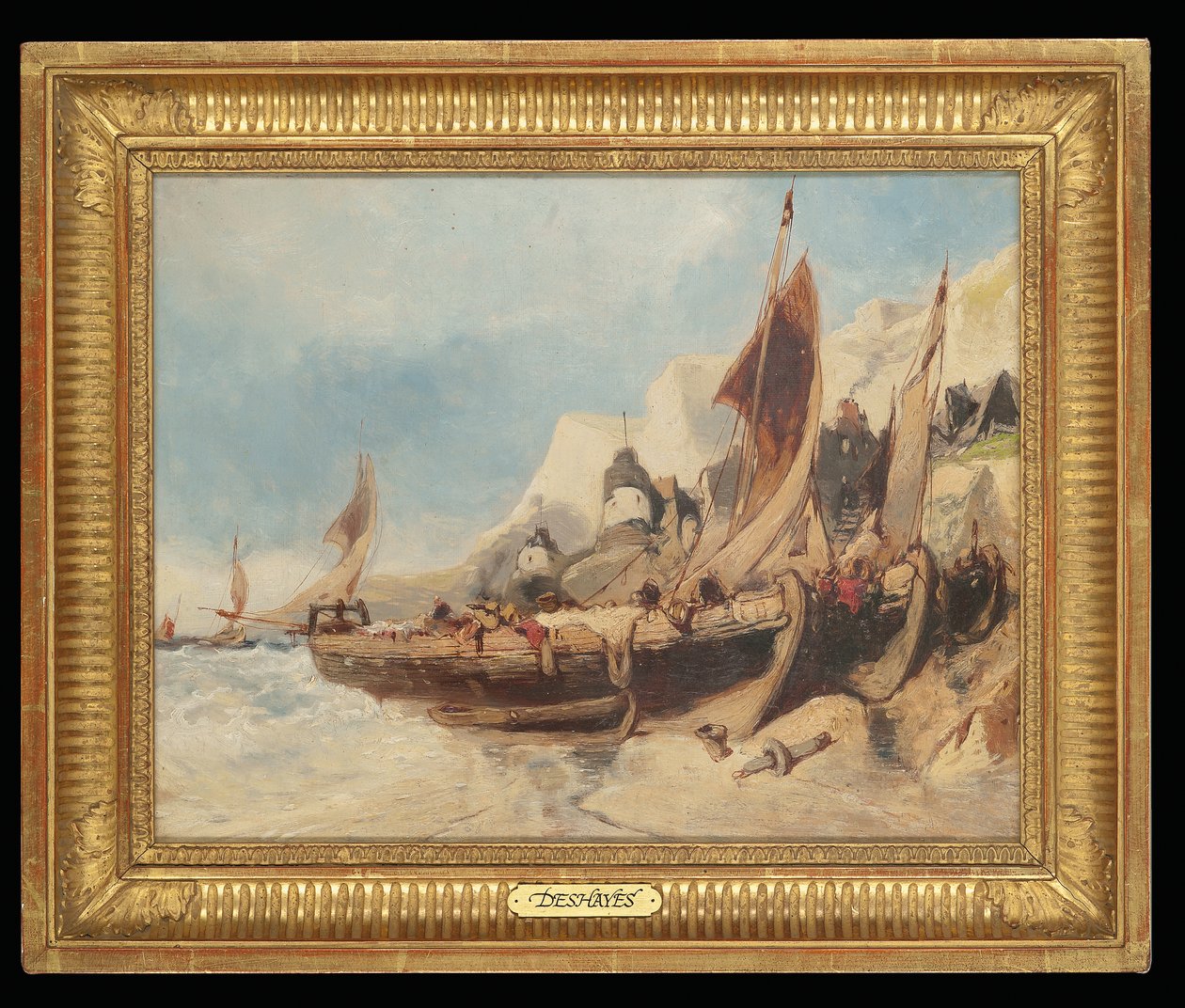 Fiskebåtar på stranden, Bretagne av Eugene Deshayes