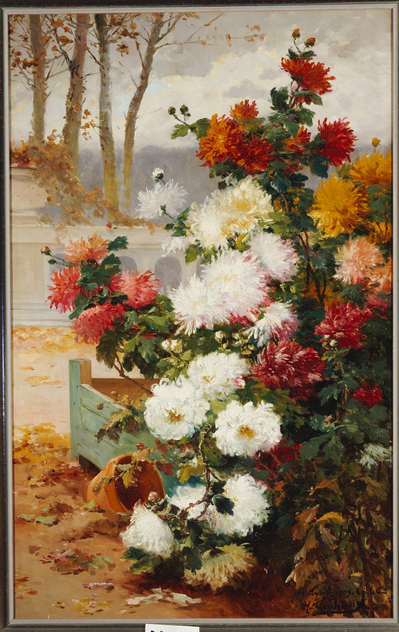 Krysantemum i en muromgärdad trädgård av Eugene Henri Cauchois