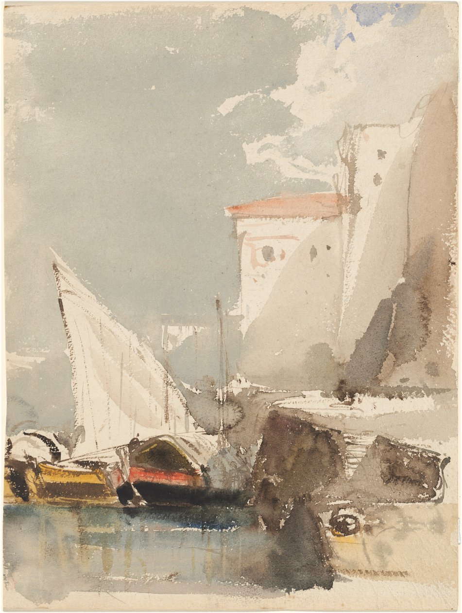 Segelbåtar i en solbelyst hamn (recto) av Eugene Isabey