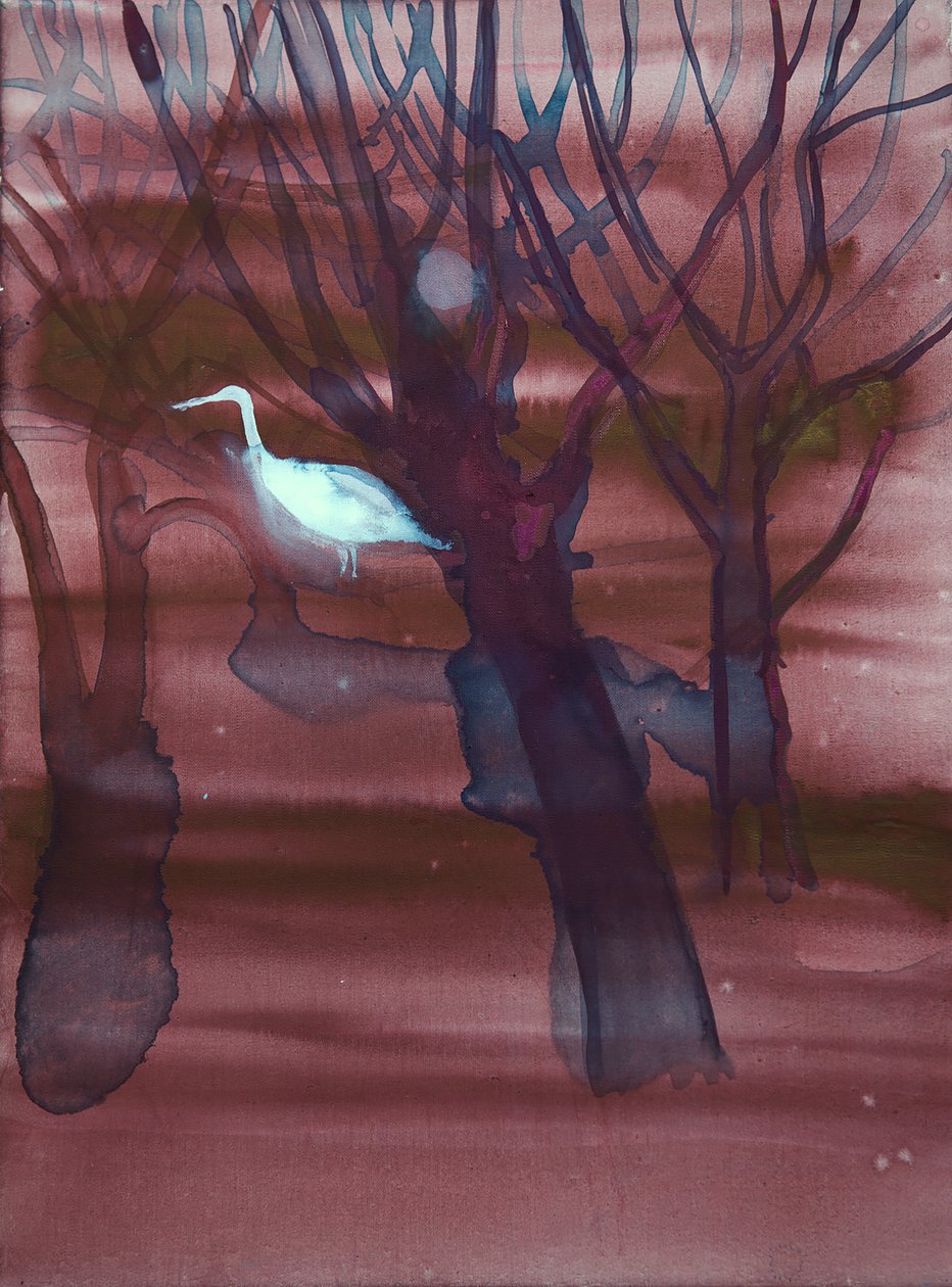 White Crane, 2019 (linne, pigment) av Eugenie Vronskaya