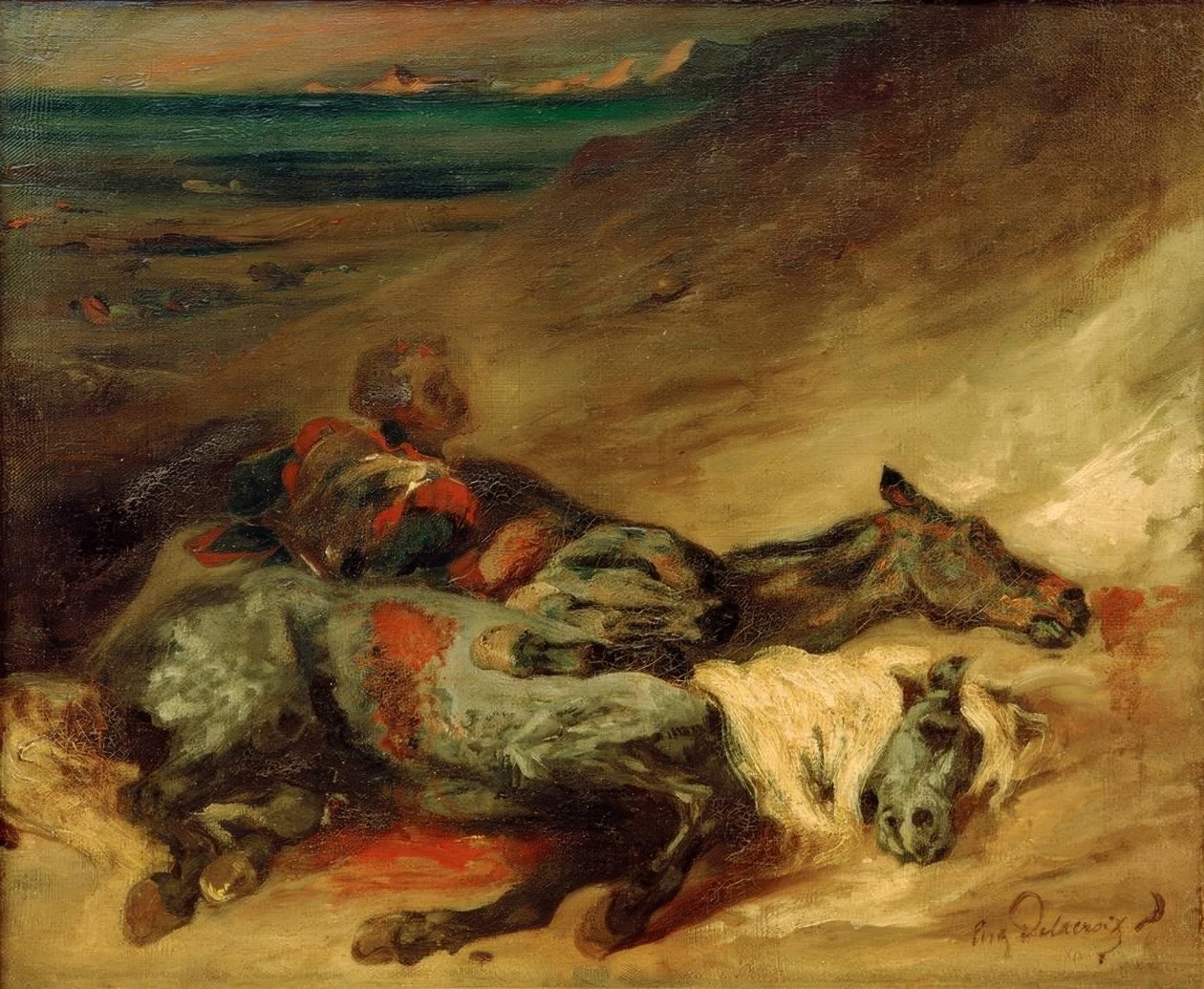De två hästarna döda på slagfältet av Ferdinand Victor Eugene Delacroix