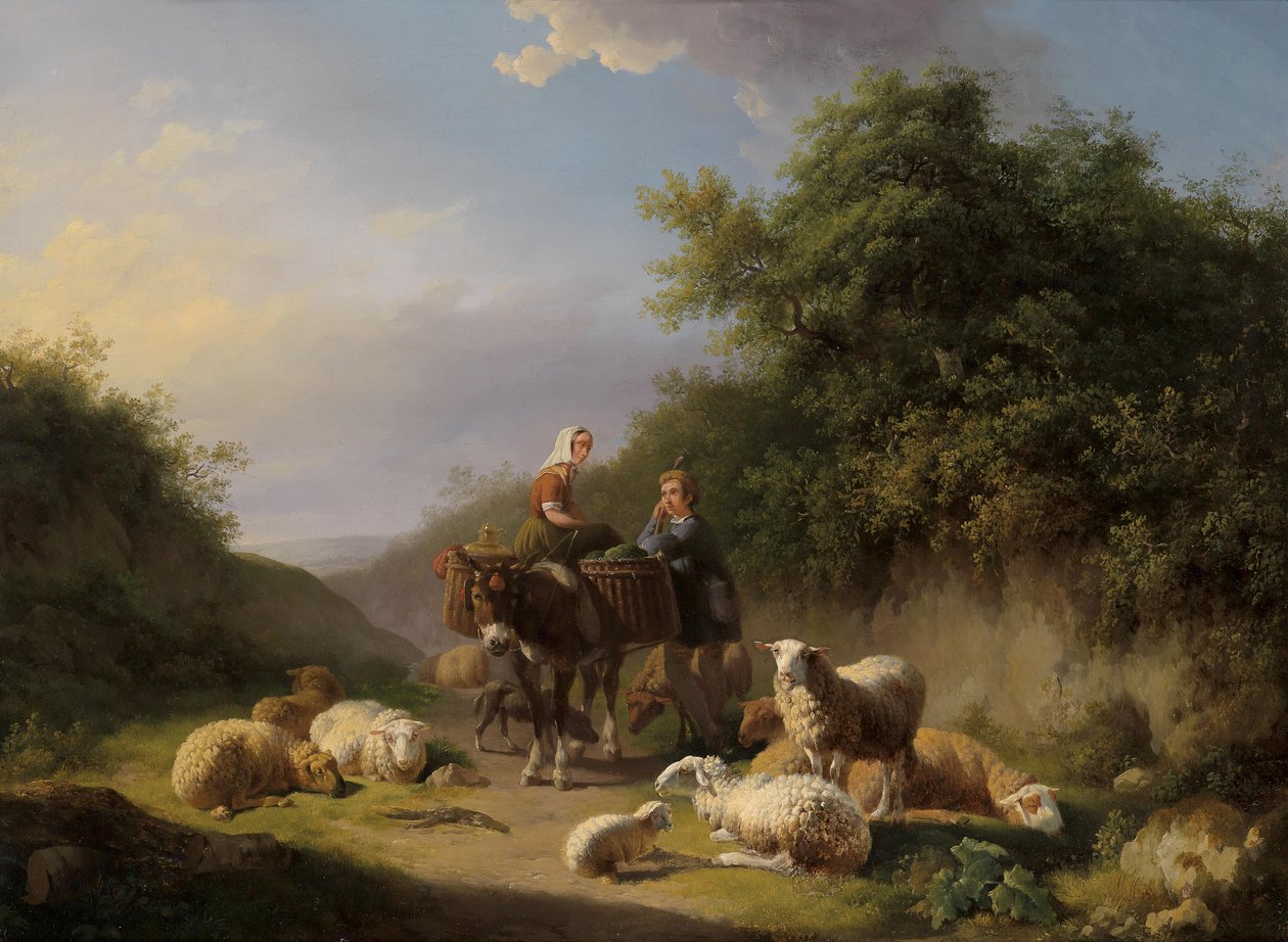 Schafhirte und Hirtin am Heimweg av Eugene Joseph Verboeckhoven