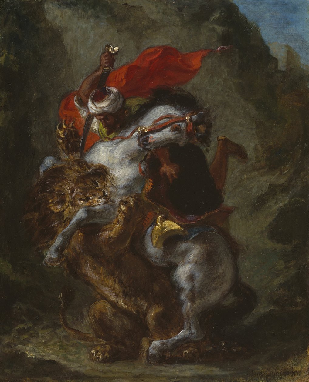 Arabisk ryttare attackerad av ett lejon av Eugène Delacroix