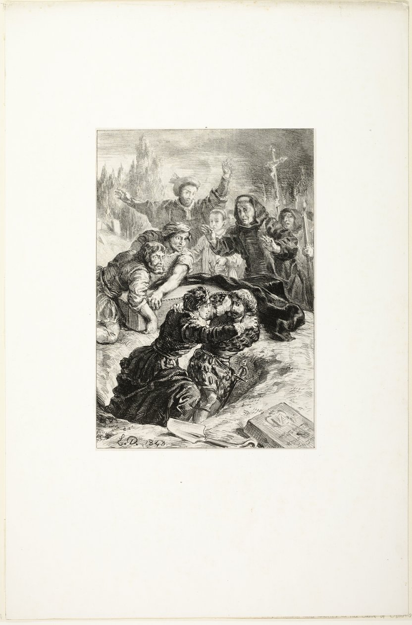 Hamlet och Laertes i Ofelias grav av Eugène Delacroix