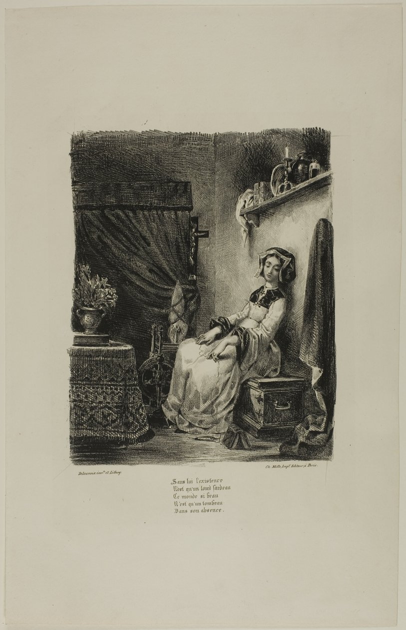 Marguerite vid spinnhjulet, från Faust av Eugène Delacroix