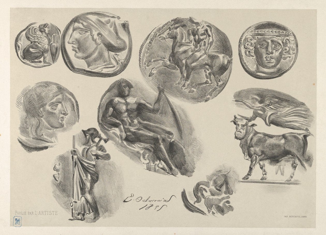 Ark med nio antika mynt, 1825., 1825. av Eugène Delacroix