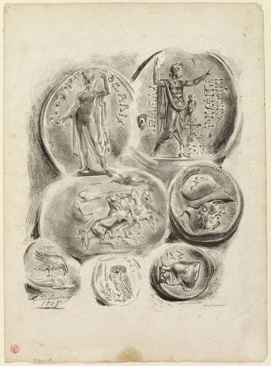 Blad med sju antika medaljer av Eugène Delacroix