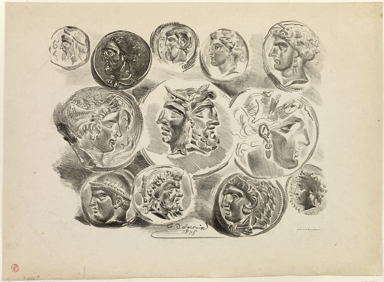 Blad med tolv antika medaljer av Eugène Delacroix