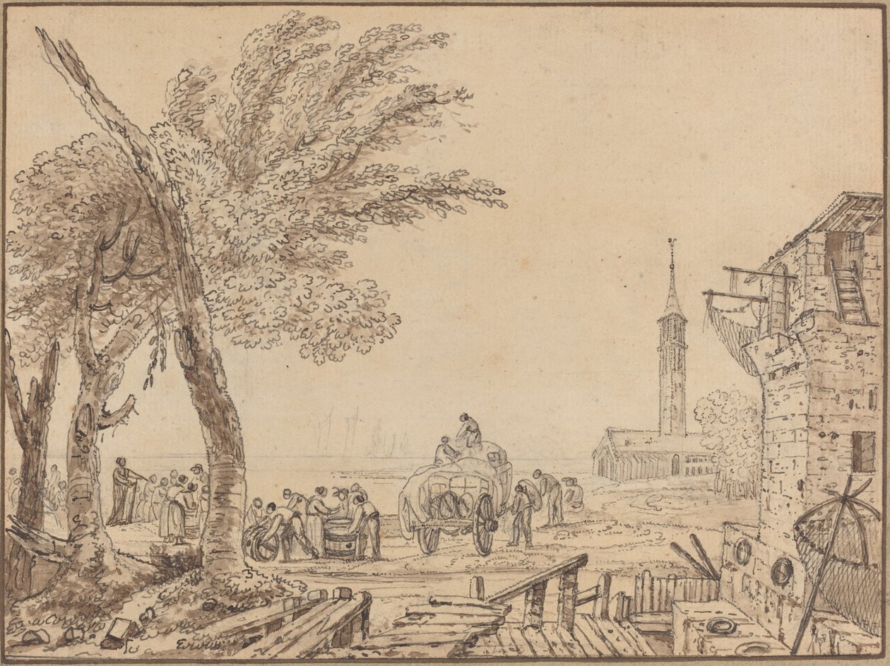 Utsikt över en hamn av European 18th Century