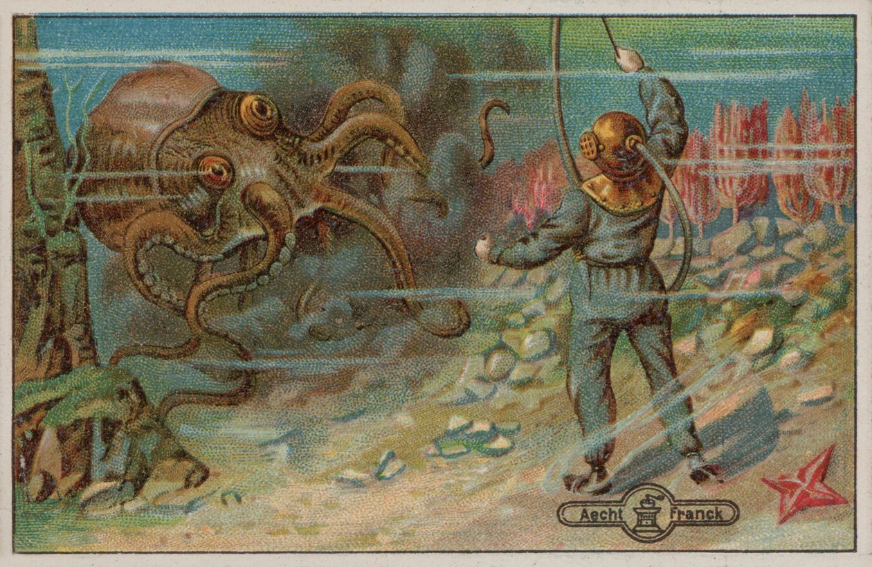 En dykare hotas av en bläckfisk (chromolitho) av European School