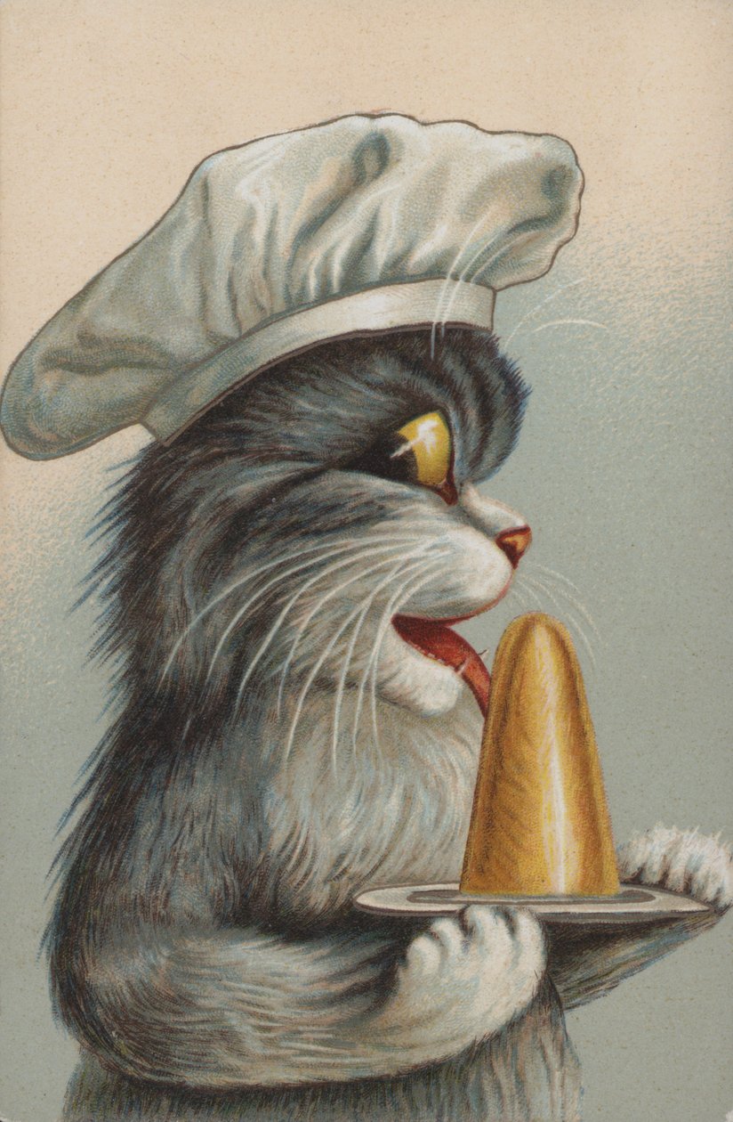 Katt med dessert (chromolitho) av European School