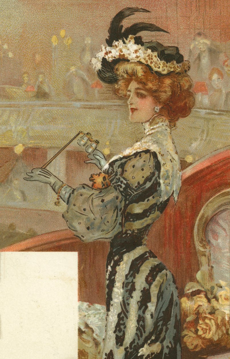 Elegant kvinna på teatern (färglitografi) av European School