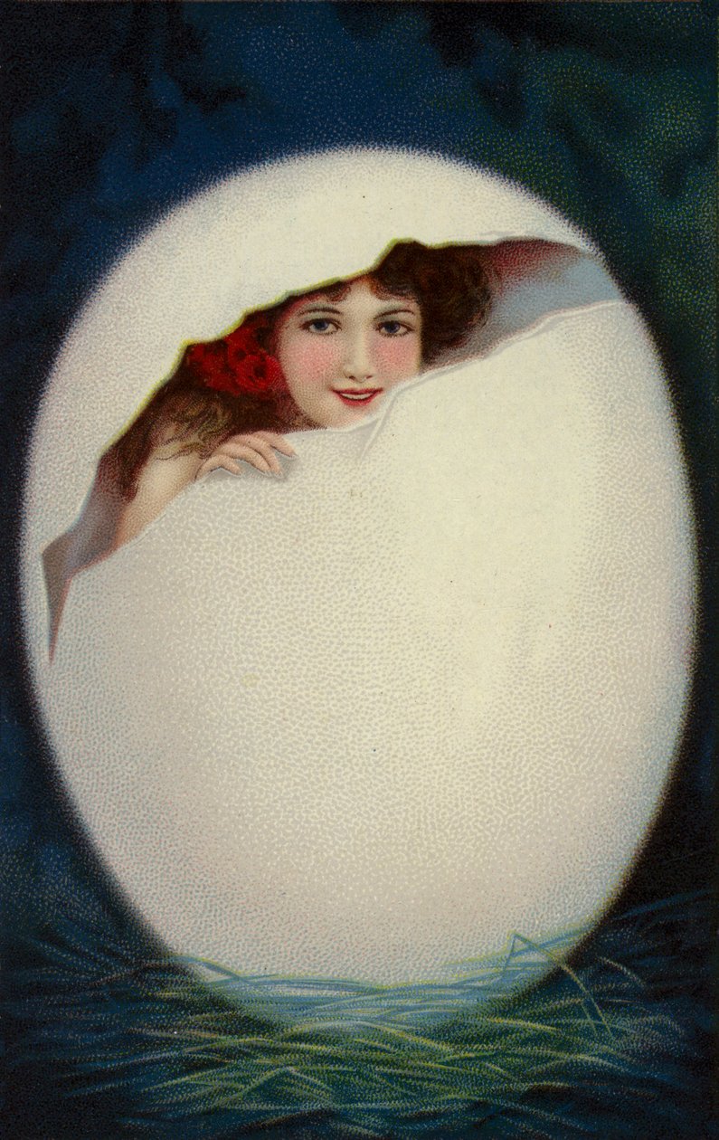 Flicka kläcks ur påskägg (chromolitho) av European School