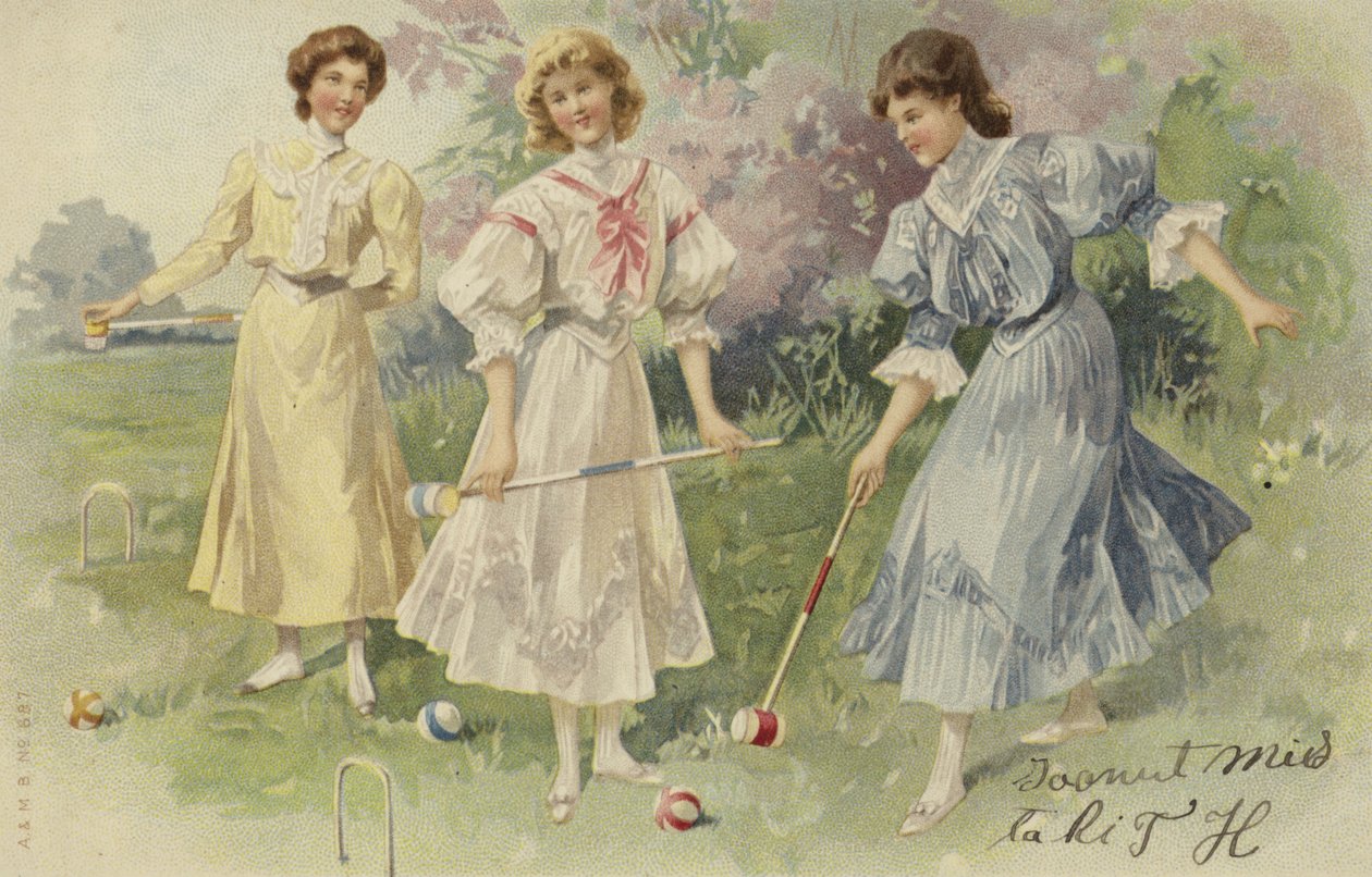 Flickor som spelar krocket (chromolitho) av European School