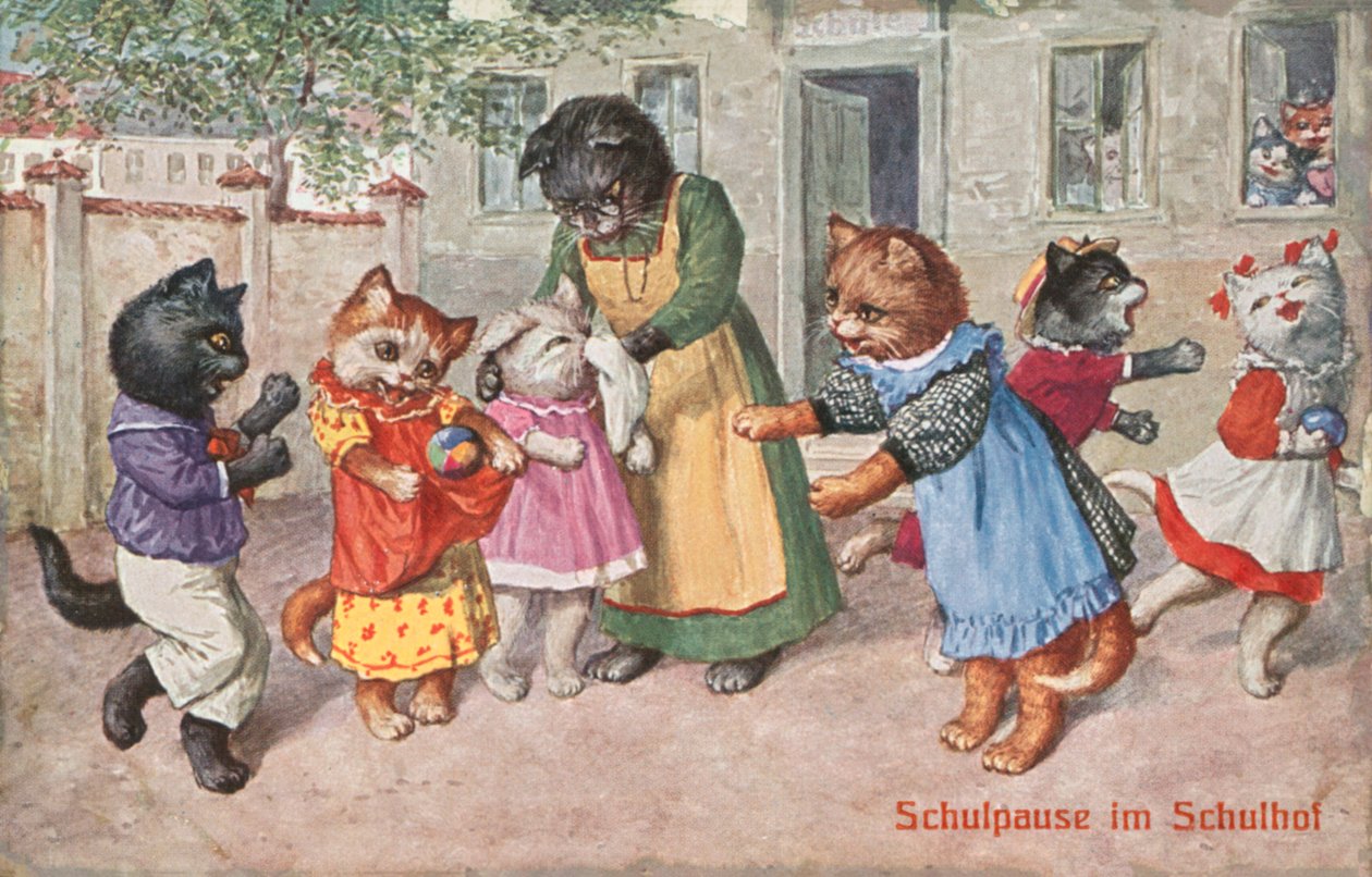 Humoristiskt kattvykort (färglitografi) av European School