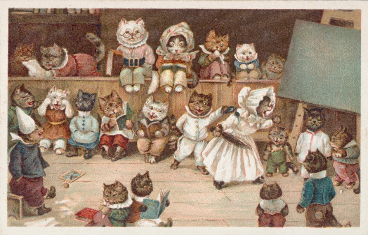 Humoristiskt kattvykort (färglitografi) av European School