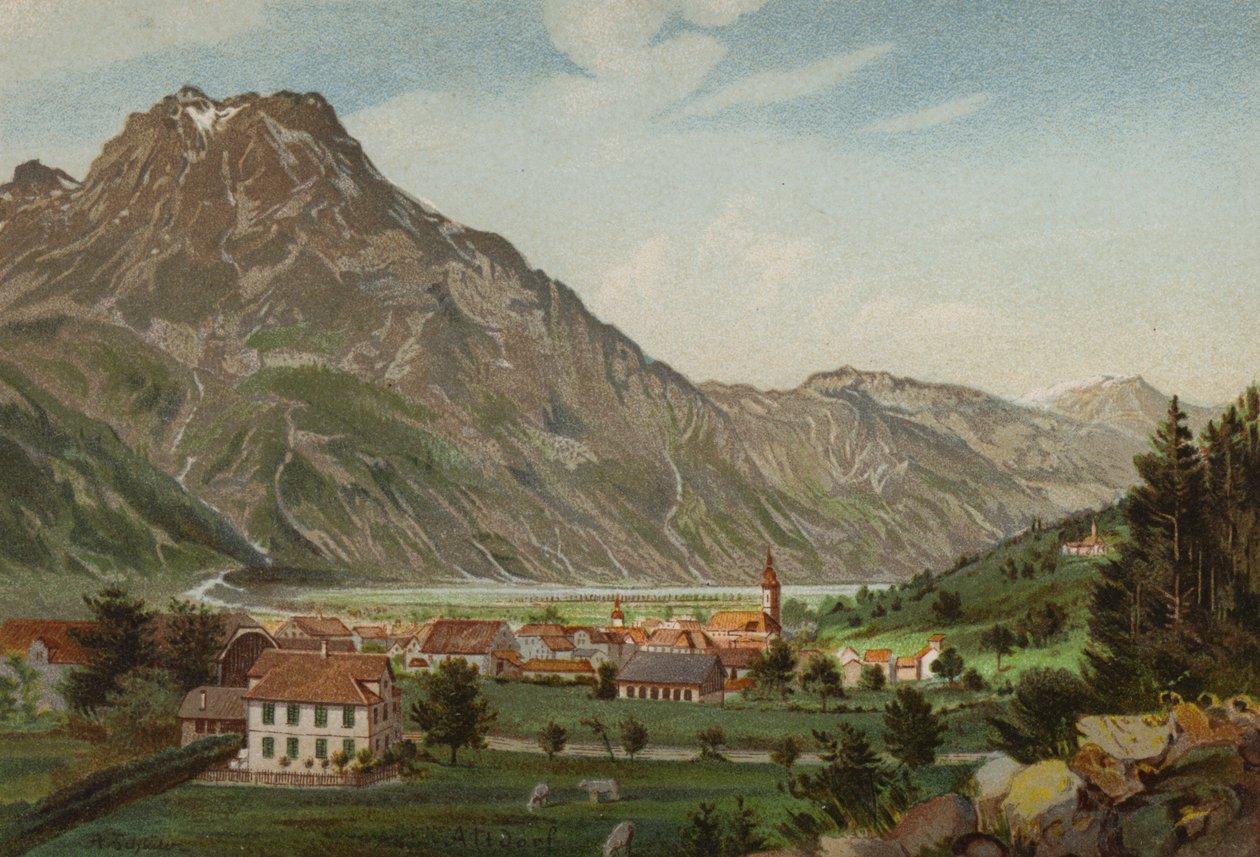 Vierwaldstättersjön: Altdorf (färg litho) av European School