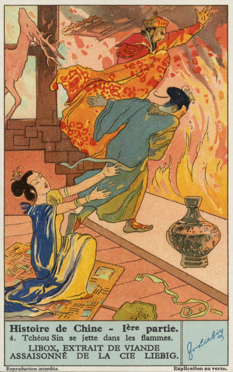 Självmord av kung Zhou av Shang (chromolitho) av European School