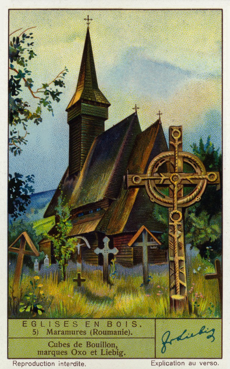 Träkyrka, Maramures, norra Rumänien (chromolitho) av European School