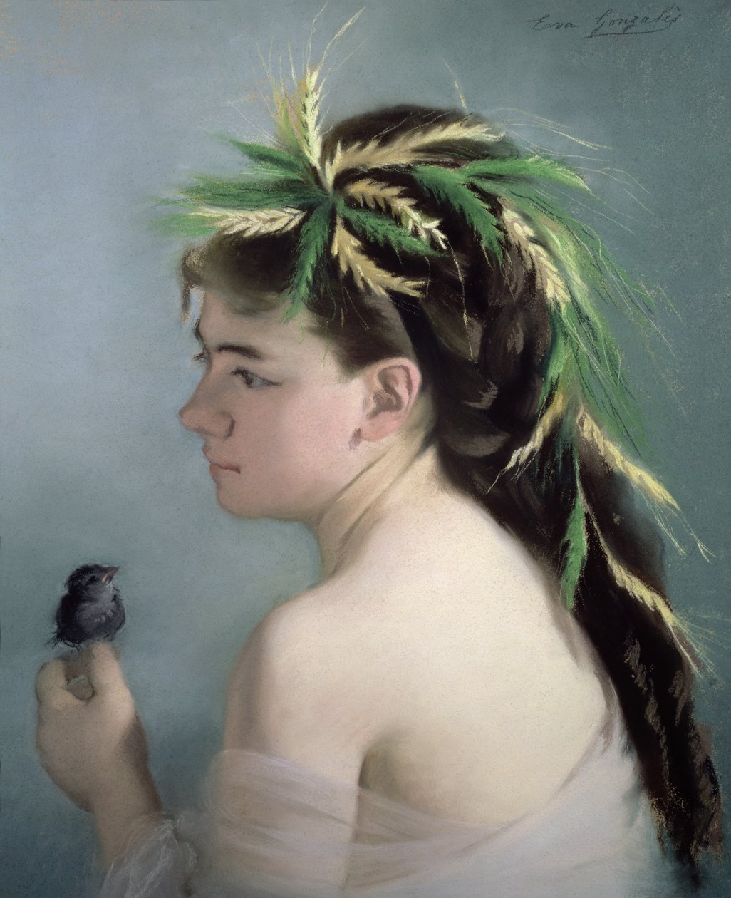 Porträtt av en flicka som håller en sparv (pastell) av Eva Gonzalès