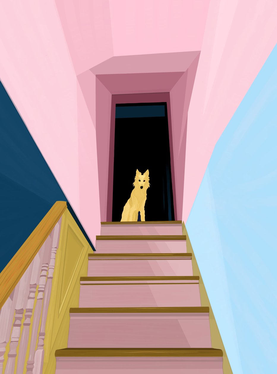Hund på trappan (digital konst) av Evan Sklar