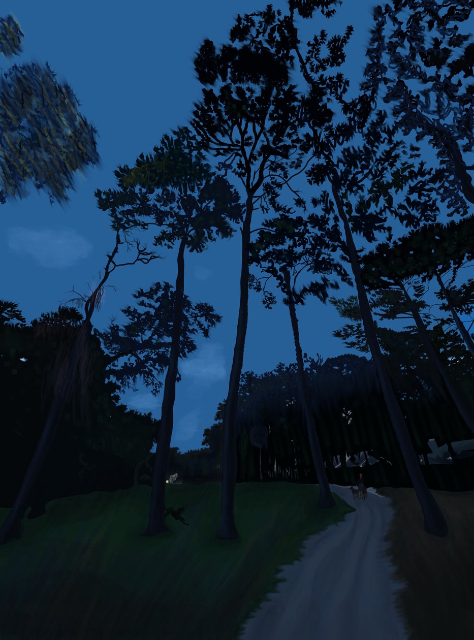Hundpromenad i skymningen (digital konst) av Evan Sklar