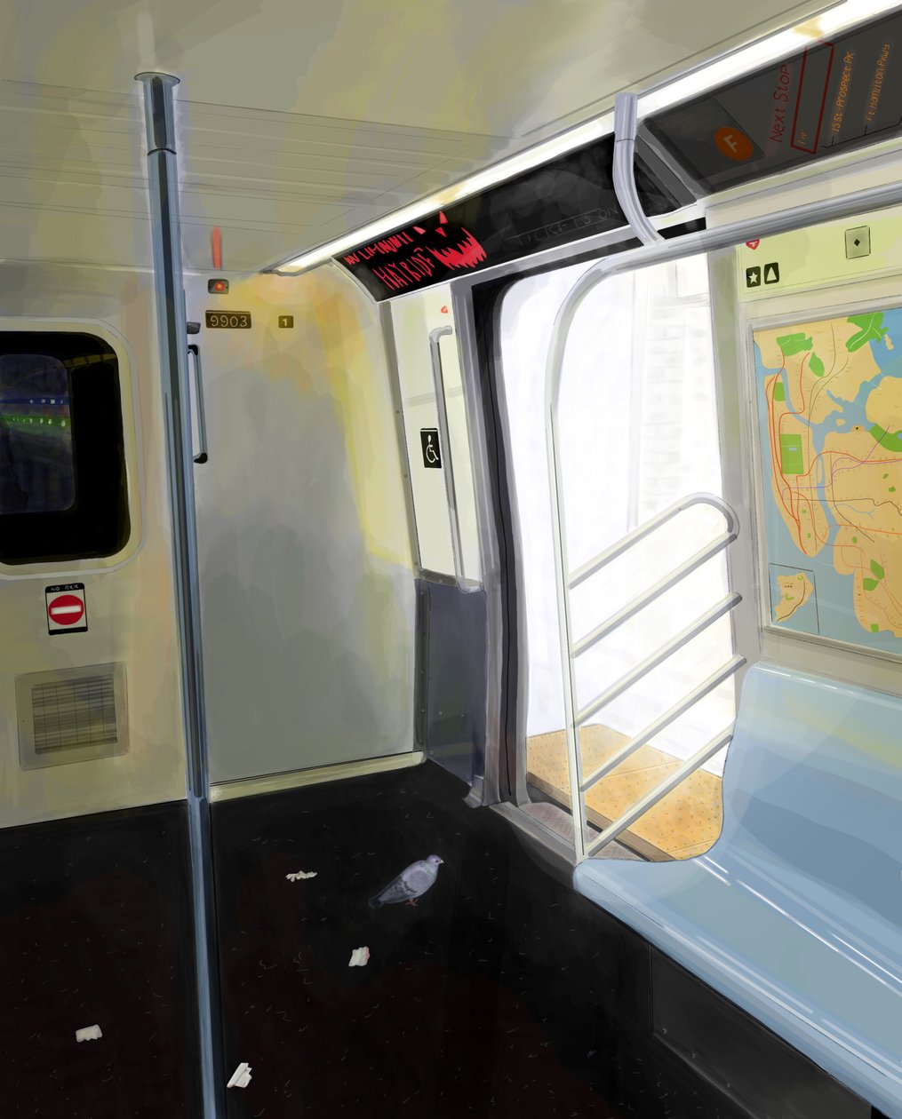 Duva på tunnelbanan (digital konst) av Evan Sklar