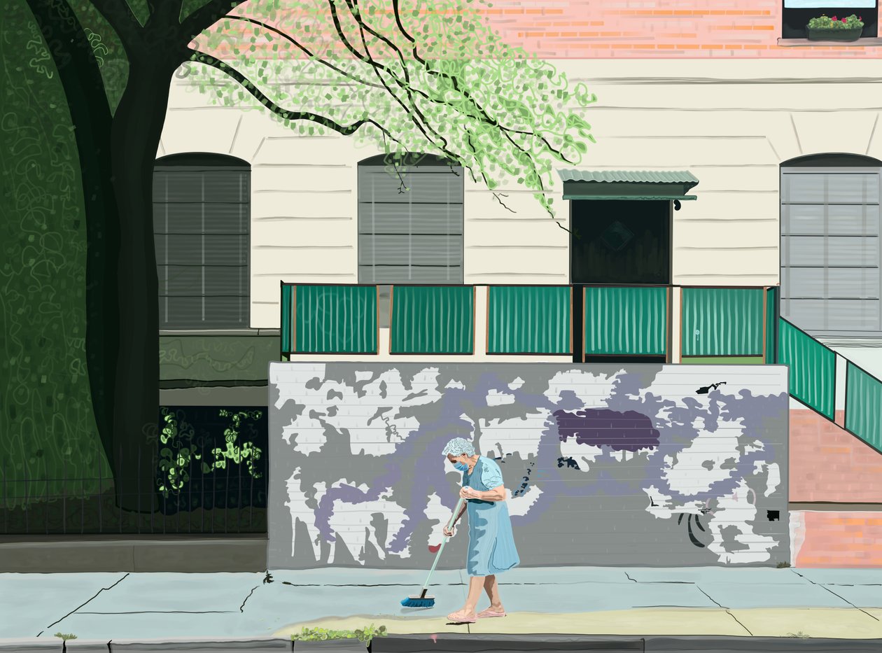 Kvinna sopar trottoar, Brooklyn (digital konst) av Evan Sklar