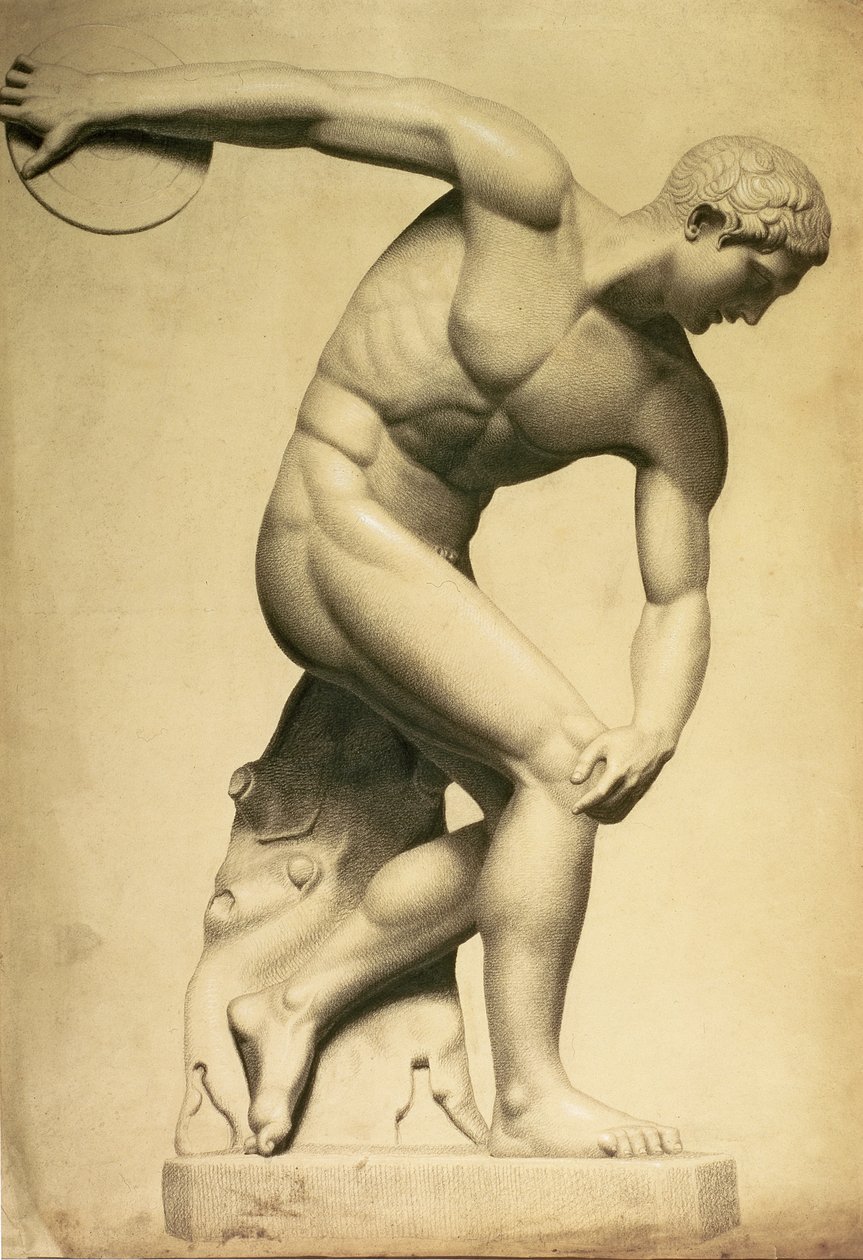 Diskuskastare, teckning av en klassisk skulptur, c.1874 (penna, krita på papper) av Evelyn De Morgan