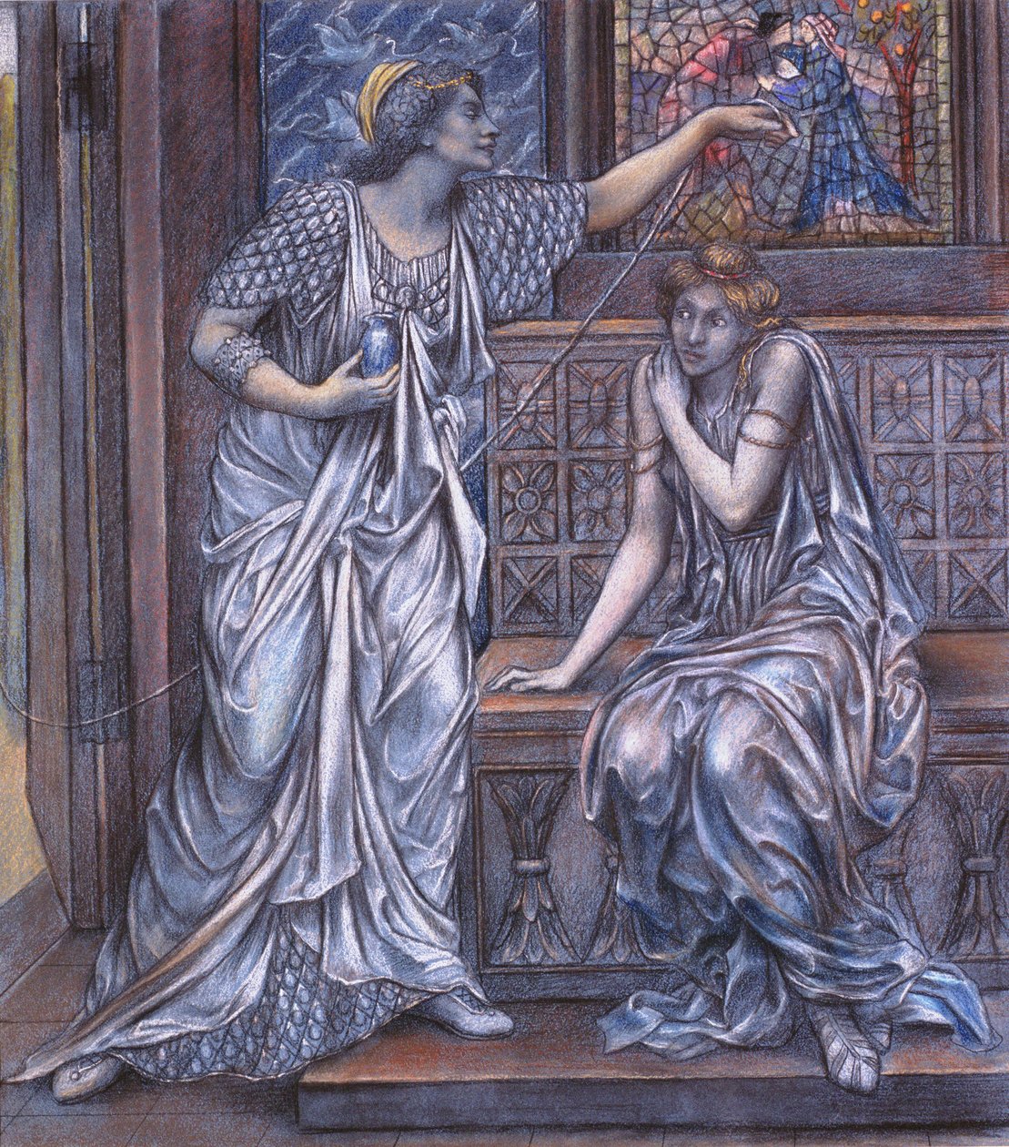 Avslutad studie för drottning Eleanor och Fair Rosamund, ca 1900-5 (krita) (se 27988) av Evelyn De Morgan