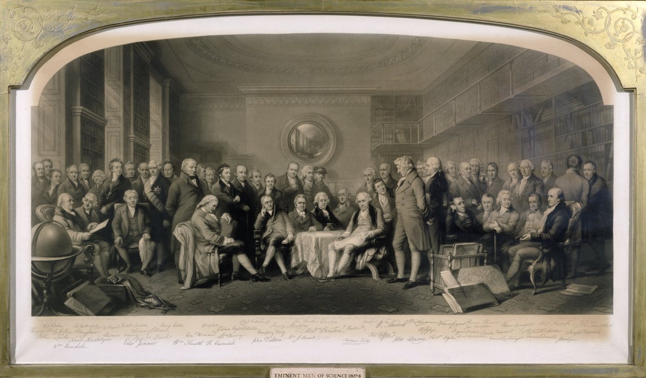 Eminenta vetenskapsmän, 1807-08, samlade i Royal Institutions bibliotek den 4 juni 1862. av F and Walker, William Skill