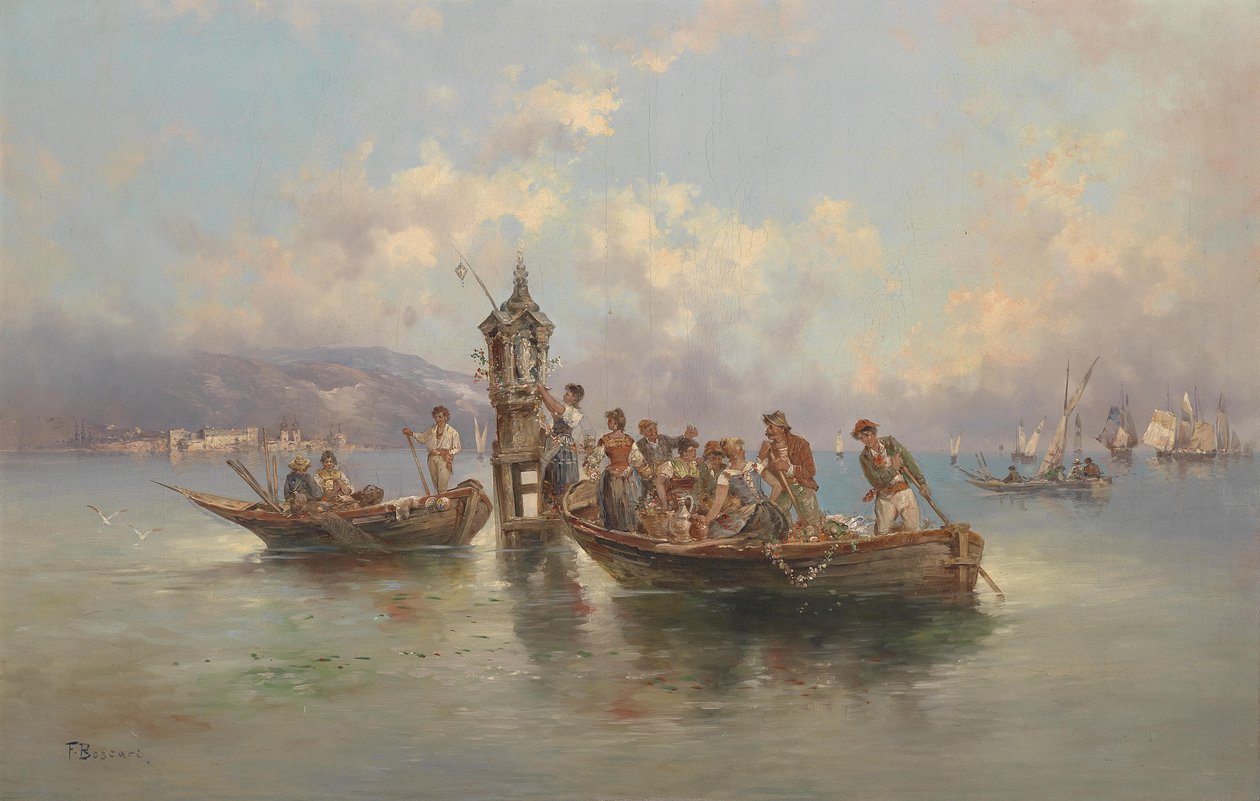 Festliche Gesellschaft in Fischerbooten. av F. Boscari