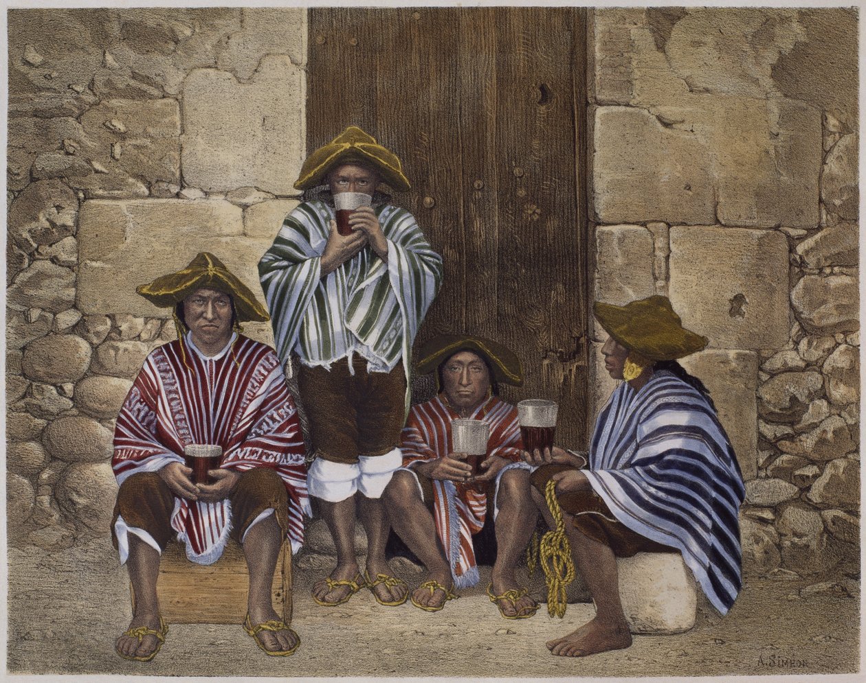 Grupp av indianer, illustration från "Geografia del Peru" av Mariano, Felipe Paz Soldan (1821-86), platta XXXV, 1863 av F. Delamare