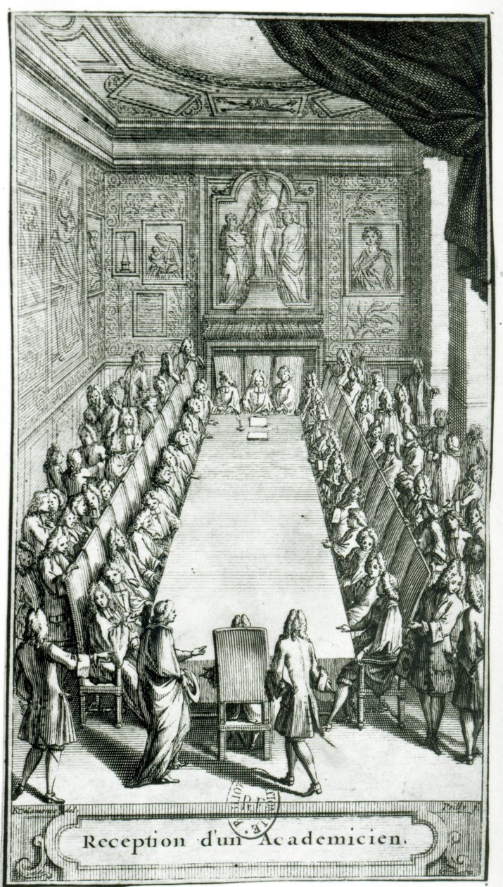 Mottagning av en ledamot av den franska akademin, graverad av Francois Poilly (1622-83) av F. Delamonce