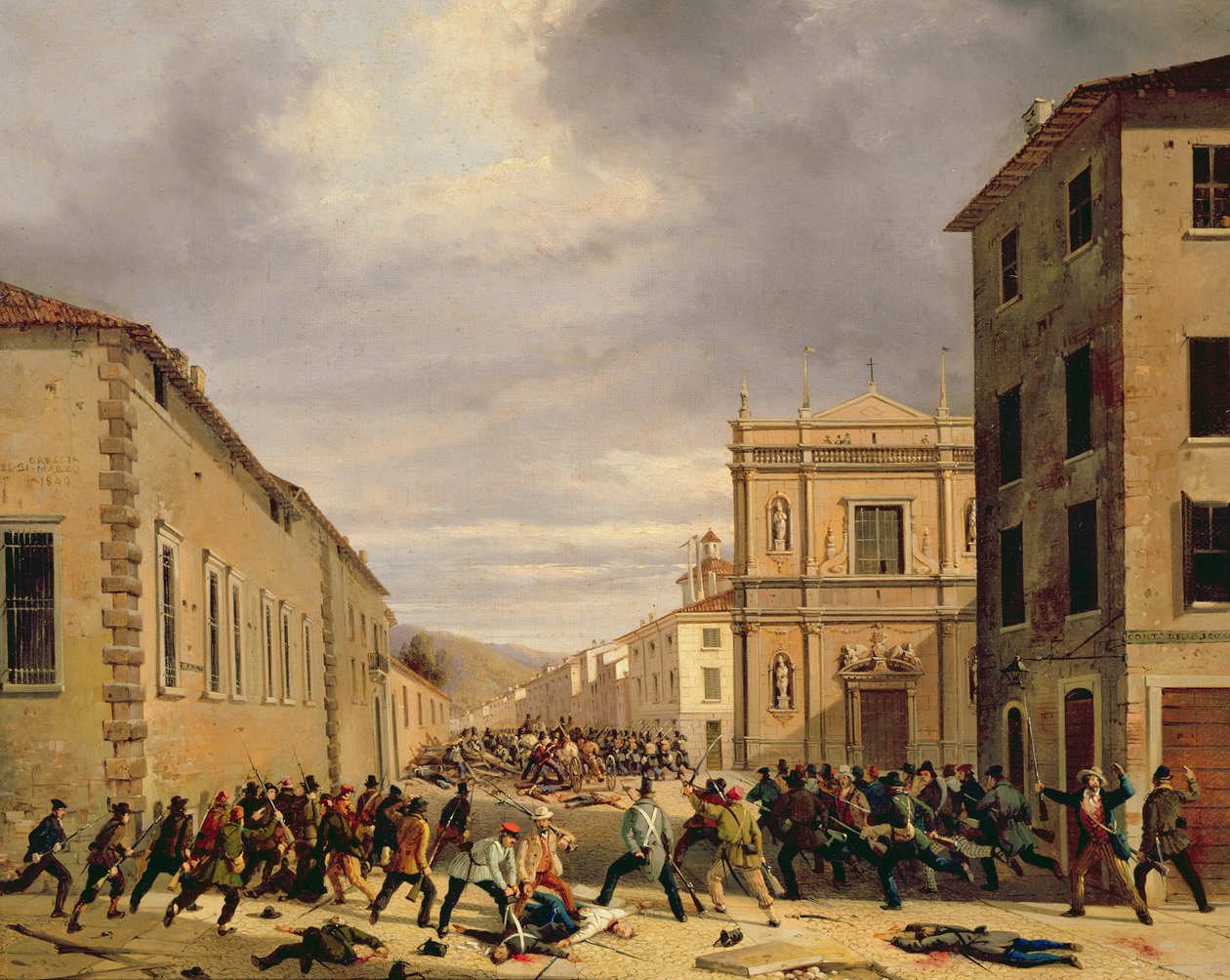 Slaget den 21 mars 1849 på Piazzetta Santa Barnaba i Brescia av Faustino Joli