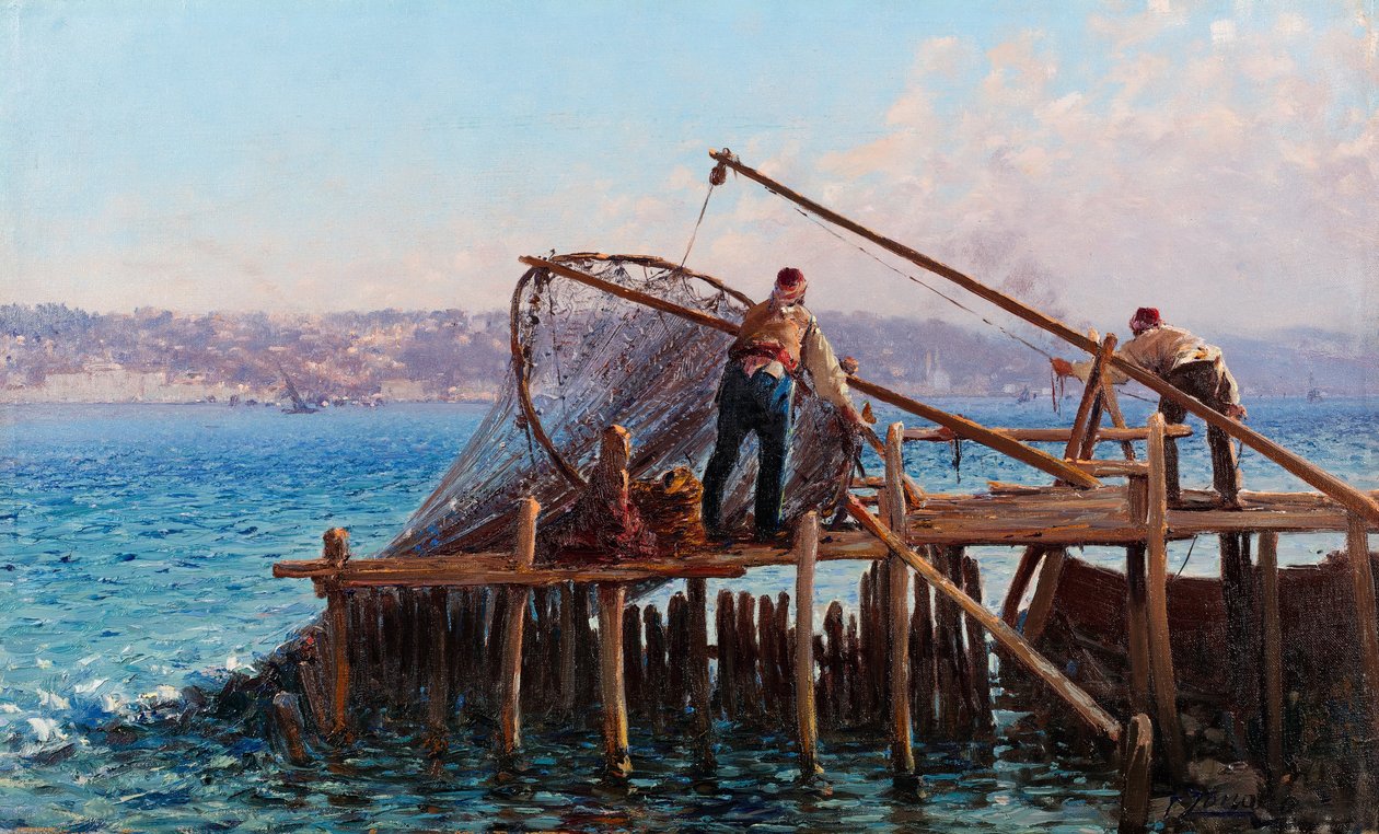 Fiskare som tar in fångsten av Fausto Zonaro