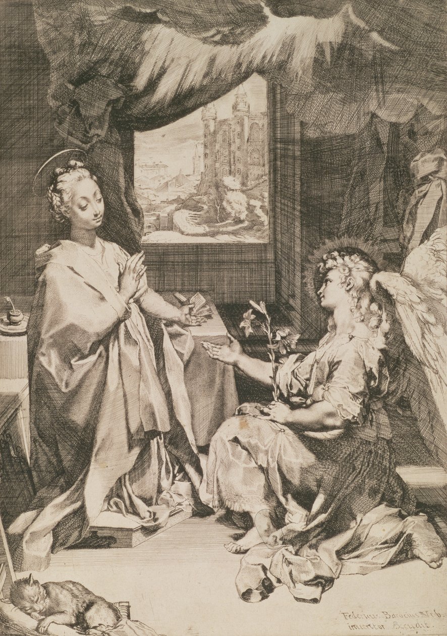 The Annunciation, c.1581 (torrnål med stippelgravyr) av Federico Barocci