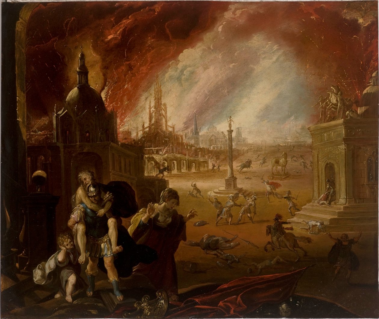 The Flight of Aeneas, med Trojas fall bortom (olja på koppar) av Federico Barocci