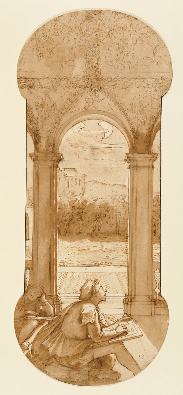 Taddeo Copying Raphaels Frescoes in the Loggia of Villa Farnesina, Where He Is Also Represented Asl... av Federico Zuccaro
