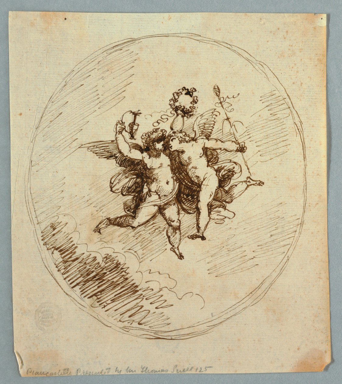 Två flygande putti med Dionysos attribut av Felice Giani
