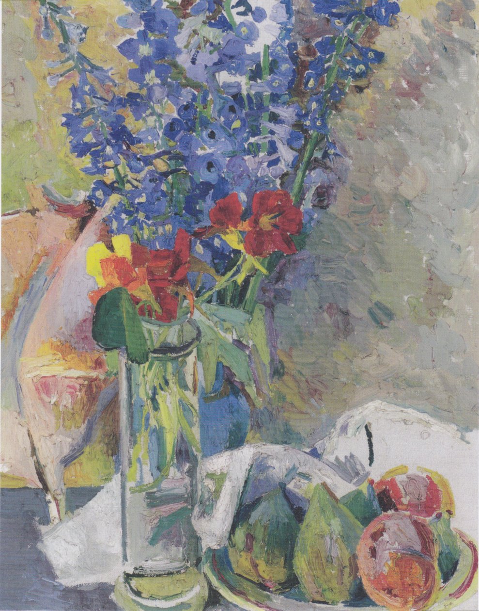 Still life with a Larkspur and fruits av Felix Esterl