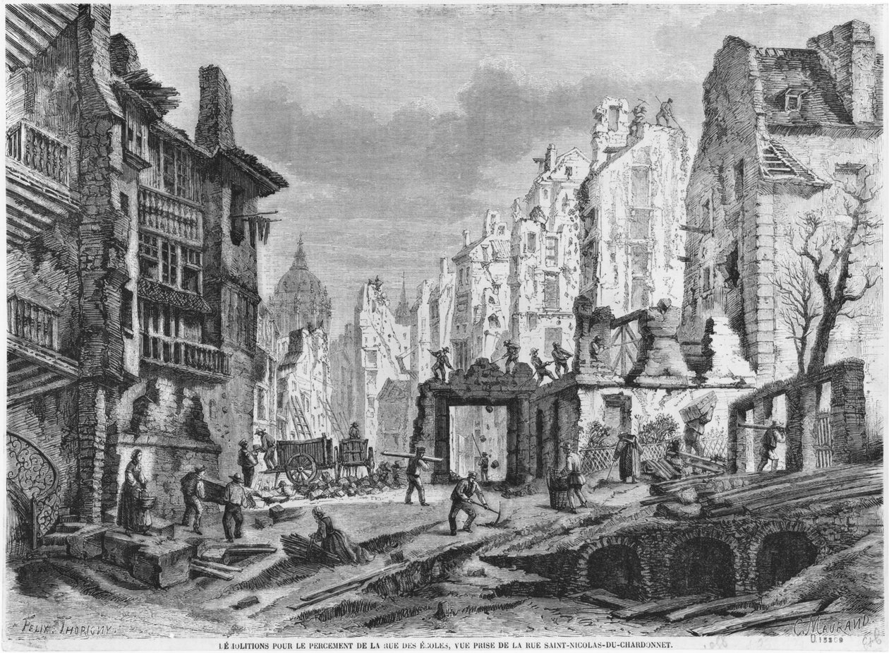 Paris, rivningar för byggnaden av Rue des Ecoles, vy tagen från rue Saint-Nicolas du Chardonnet, graverad av Charles Maurand (1800-talet) av Felix Thorigny