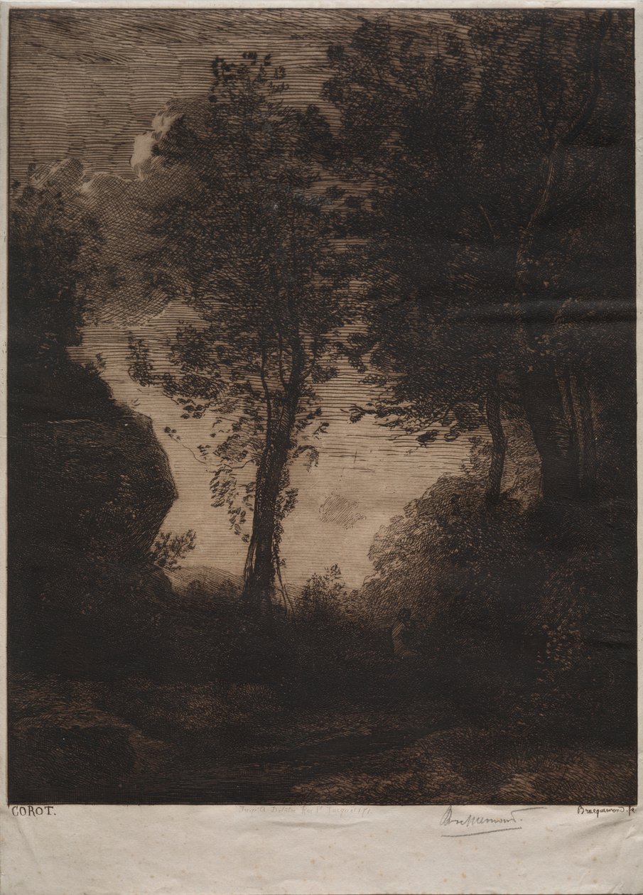 Landskap: Solnedgång, efter Corot av Felix Bracquemond