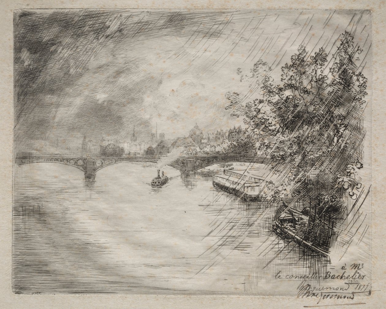 Utsikt över bron i Saint-Pères, 1877. av Felix Bracquemond