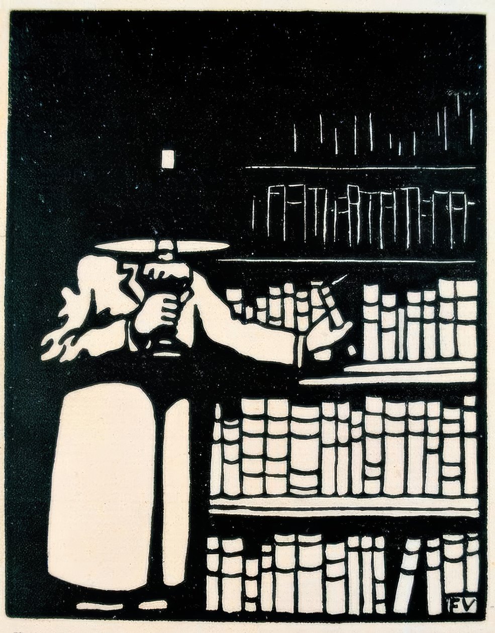 Bokälskare med lampa i sitt bibliotek av Felix Edouard Vallotton