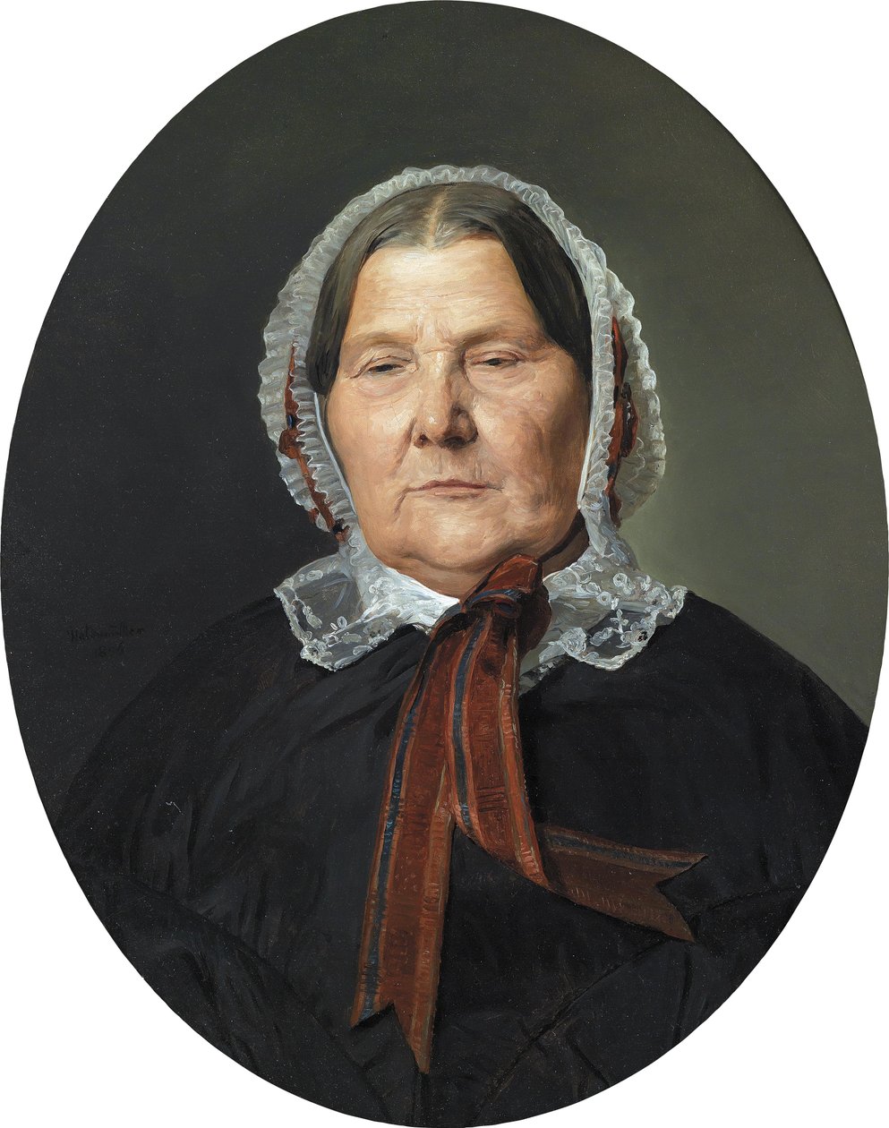 Alte Frau in schwarzem Kleid und weißer Rüschenhaube mit roten Bändern av Ferdinand Georg Waldmuller