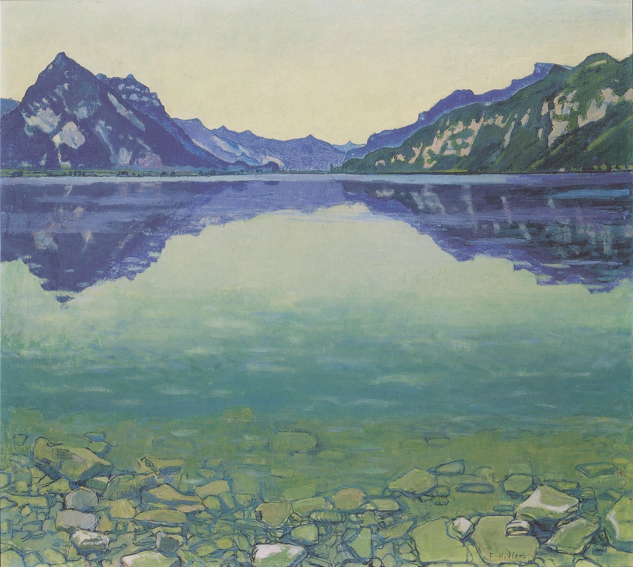 Thunersee mit symmetrischer Spiegelung vor Sonnenaufgang av Ferdinand Hodler