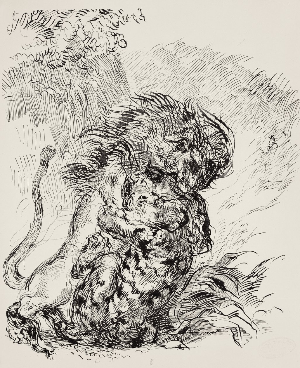Ett lejon som räddar en tiger av Ferdinand Victor Eugene Delacroix