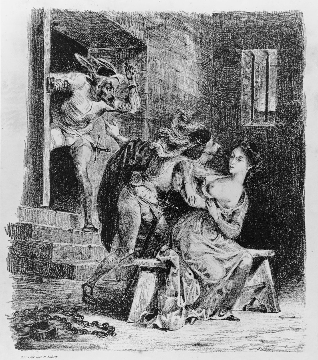 Faust redder Marguerite fra sit fængsel, fra Goethes Faust, 1828, (illustration), (bw foto af litho)swed av Ferdinand Victor Eugene Delacroix