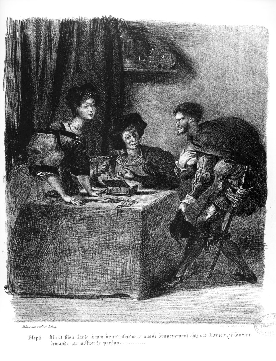 Mephistopheles, Martha och Marguerite, från Goethes Faust, 1828, (illustration), (bw foto av litografi) av Ferdinand Victor Eugene Delacroix